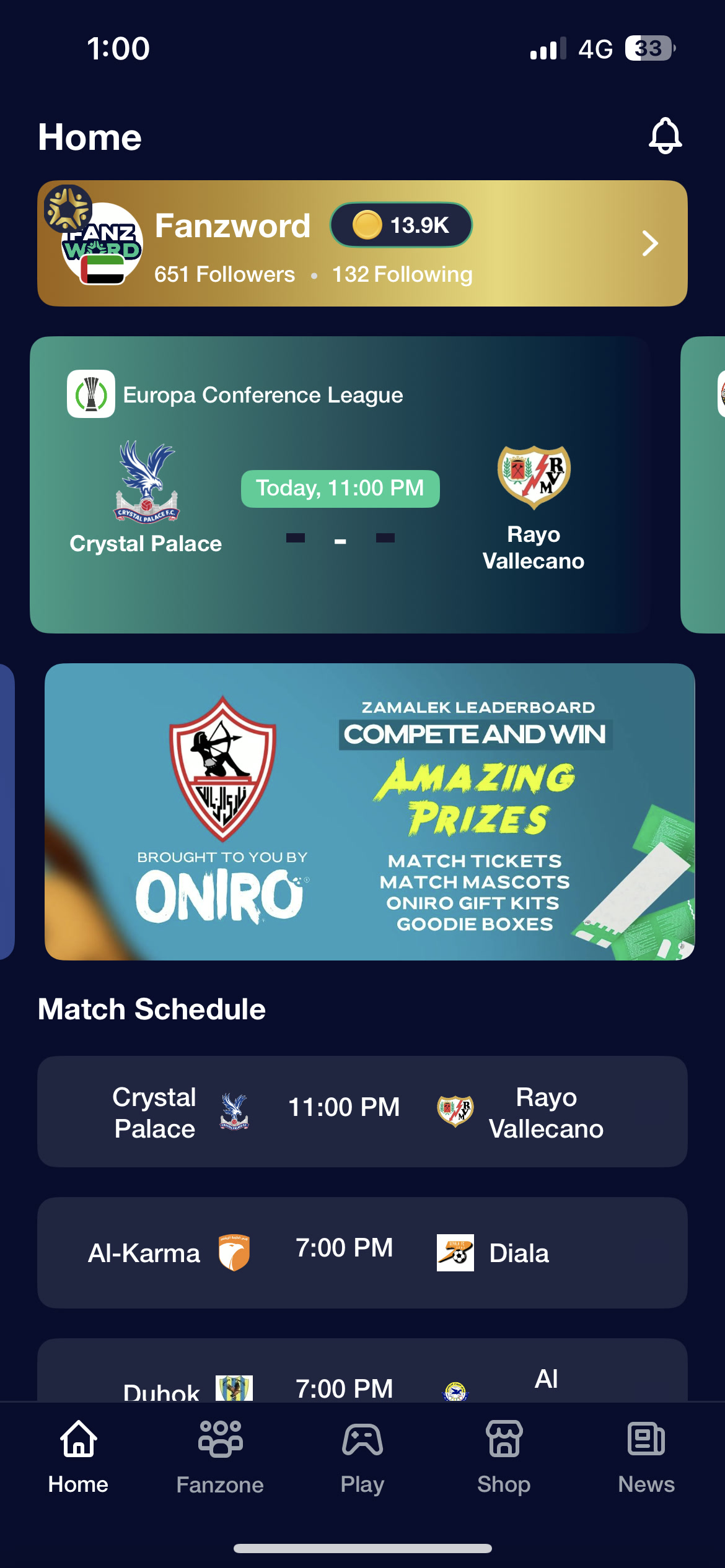 Oniro reward banner on the Fanzword home screen