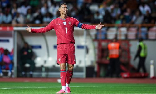 LEIRIA, PORTUGAL - JUNE 10: Cristiano Ronaldo of Portugal gestures during the International Friendly match between Portugal and Nigeria at Estadio Dr Magalhaes Pessoa on June 10, 2026 in Leiria, Portugal. (Photo by Carlos Rodrigues/Getty Images)