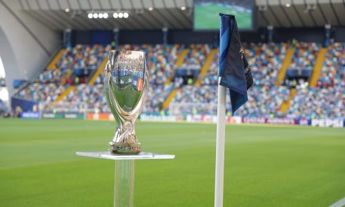 The cup of the Super Cup 2025 is present during the UEFA Super Cup 2025 soccer match between Paris Saint-Germain and Tottenham Hotspur at Bluenergy Stadium in Udine, Italy, on August 13, 2025. (Photo by Mattia Radoni/NurPhoto via Getty Images)