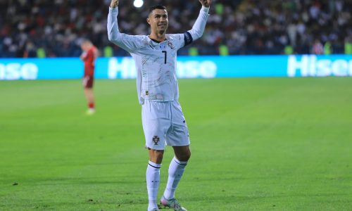YEREVAN, ARMENIA - SEPTEMBER 6: Cristiano Ronaldo of Portugal celebrates his second goal during the FIFA World Cup 2026 qualifier match between Armenia and Portugal at Vazgen Sargsyan Republican Stadium on September 6, 2025 in Yerevan, Armenia. (Photo by Hrach Khachatryan/ MB Media/Getty Images)