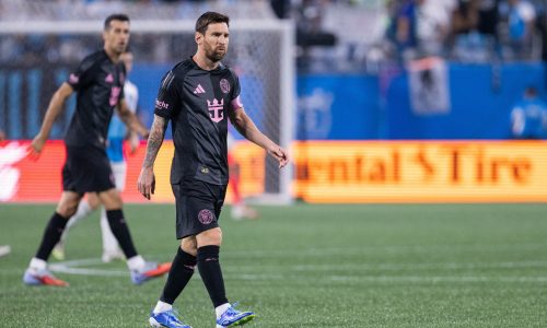 Sep 13, 2025; Charlotte, North Carolina, USA; Inter Miami forward Lionel Messi (10) follows the action during the first half against the Charlotte FC at Bank of America Stadium. Mandatory Credit: Scott Kinser-Imagn Images